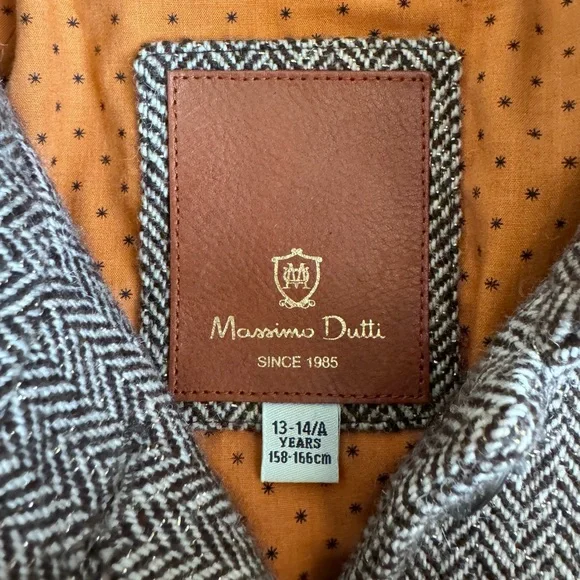 Massimo Dutti Wool Peacoat Trench Herringbone Sparkle Brown 13Y 14Y Sz 14-16 - Picture 10 of 15